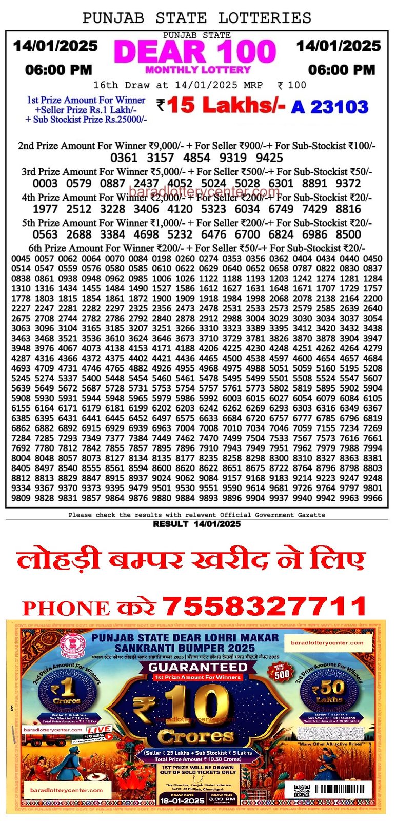 Punjab State Dear 100 Monthly Lottery Result Draw Date 14-1-25 6PM lottery result